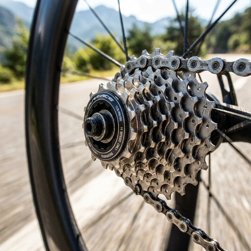 SHIMANO DURA-ACE CS-R9100 11-fach Rennrad Kassette am Hinterrad mit Kette auf einer Straße.