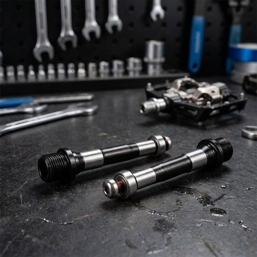 Xpedo Achsenkit für Trident Pedal (XMX28AC) Ersatzteilset auf Werkbank mit Pedal und Werkzeug.