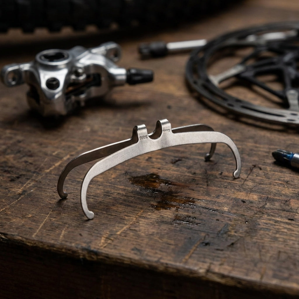 Spreizfeder SRAM H-Spring für Fahrradbremsen auf Holzwerkbank mit Bremszange und Bremsscheibe.