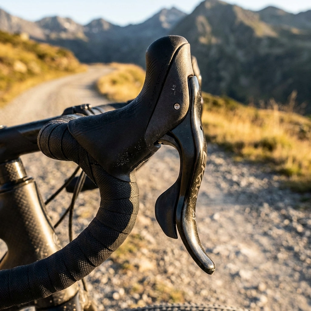 Campagnolo Ekar 1x13 Brems-Schalthebel rechts am Lenker eines Gravelbikes auf Schotterweg vor Bergpanorama.