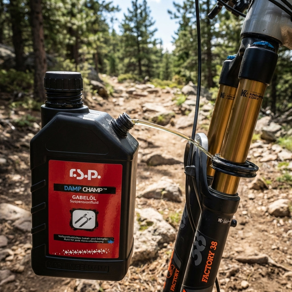 RSP Damp Champ Gabelöl füllt eine FOX Factory 38 Mountainbike-Federgabel auf einem Waldweg.