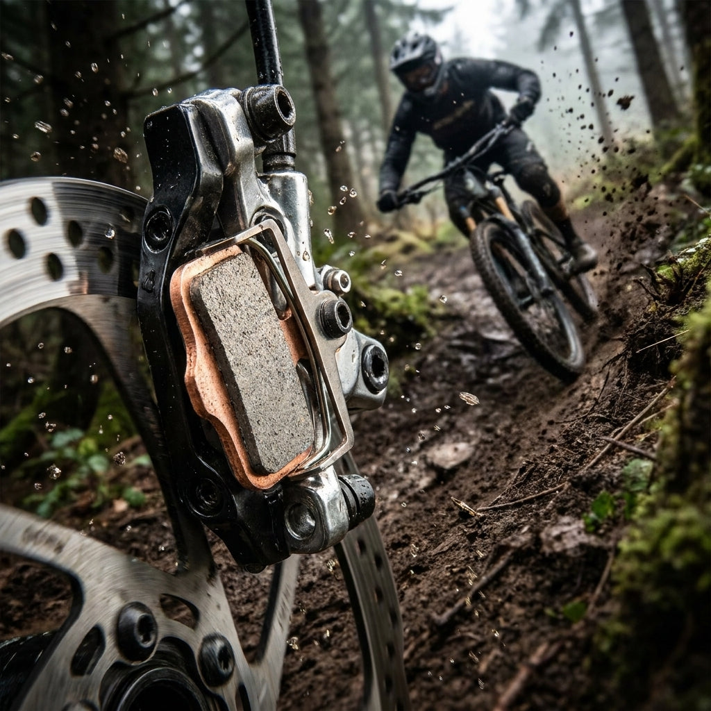 Nahaufnahme Avid Scheibenbremsbeläge gesintert/Stahl am MTB. Biker bremst im Schlamm im Wald.