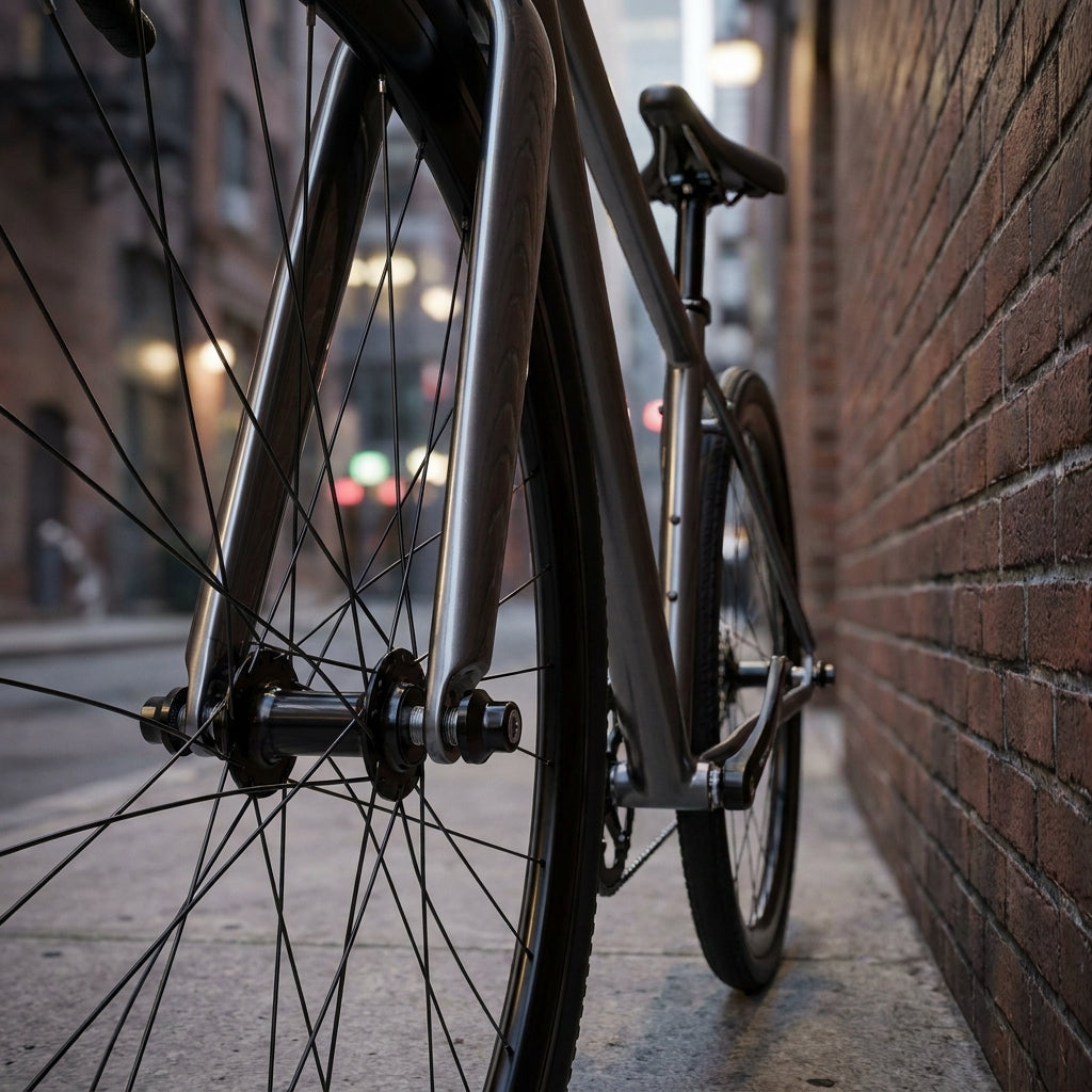 Schwarzes Fahrrad mit XLC Diebstahlschutz-Schnellspannern an Backsteinmauer auf urbaner Straße.