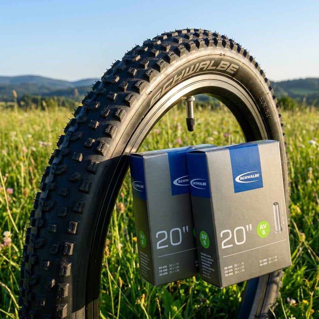 Zwei Schwalbe AV6 Fahrradschläuche 20 Zoll neben einem Schwalbe Reifen in einer Wiese.