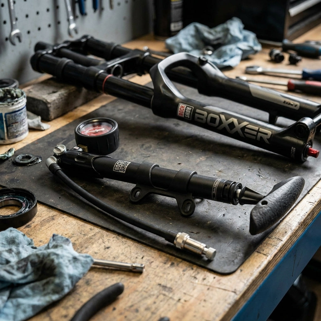 Rockshox Luftpumpe für Boxxer hoher Druck/hohes Vol. auf Werkbank.