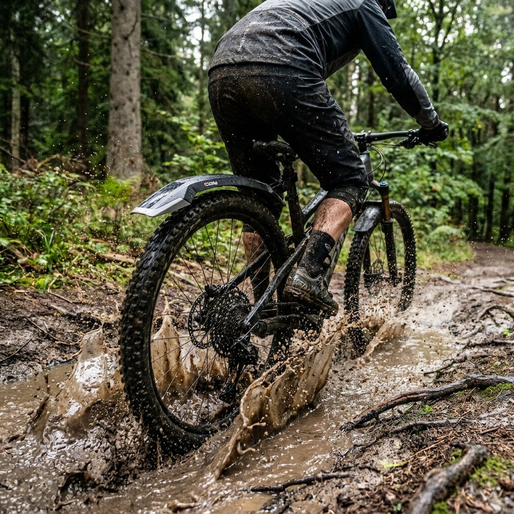 Zéfal Deflector RM60 Steckblech schwarz/grau am 26 Zoll Mountainbike. Robuster Spritzschutz für Schlamm und Regen, stabil im Gelände.