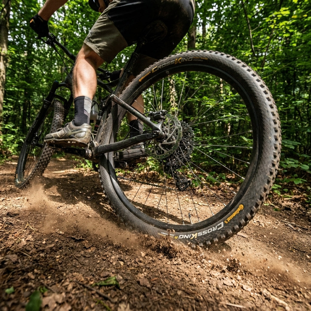 Continental Cross King II Performance Faltreifen am Mountainbike auf staubigem Waldweg, Staub aufwirbelnd.