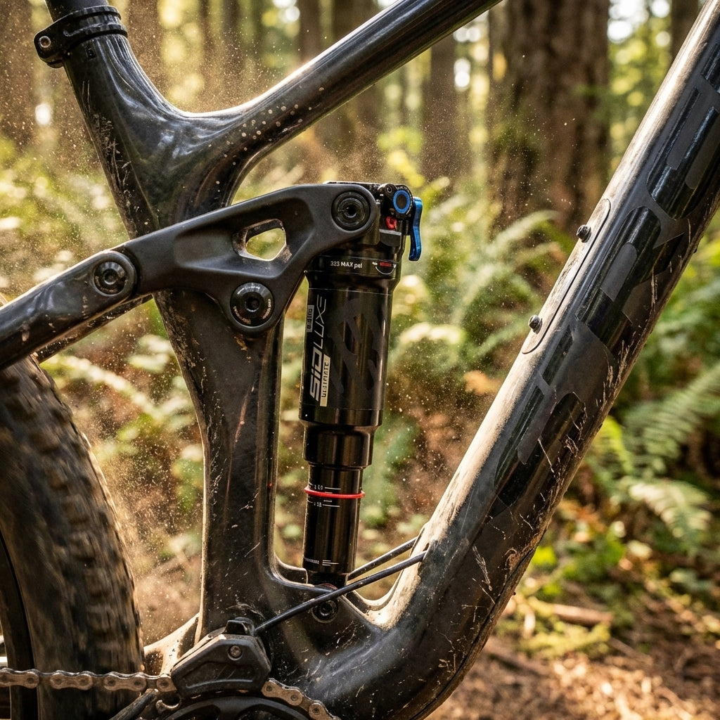 Detailliertes Bild des schwarzen Rockshox SIDLuxe Ultimate Remote Dämpfers an einem schmutzigen Mountainbike im Wald.