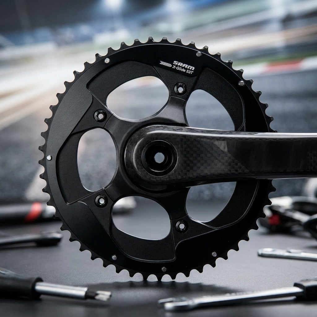 SRAM X-Glide 53T Kettenblatt an Carbon-Kurbel, präzise Schaltperformance für 11-fach Antriebe.
