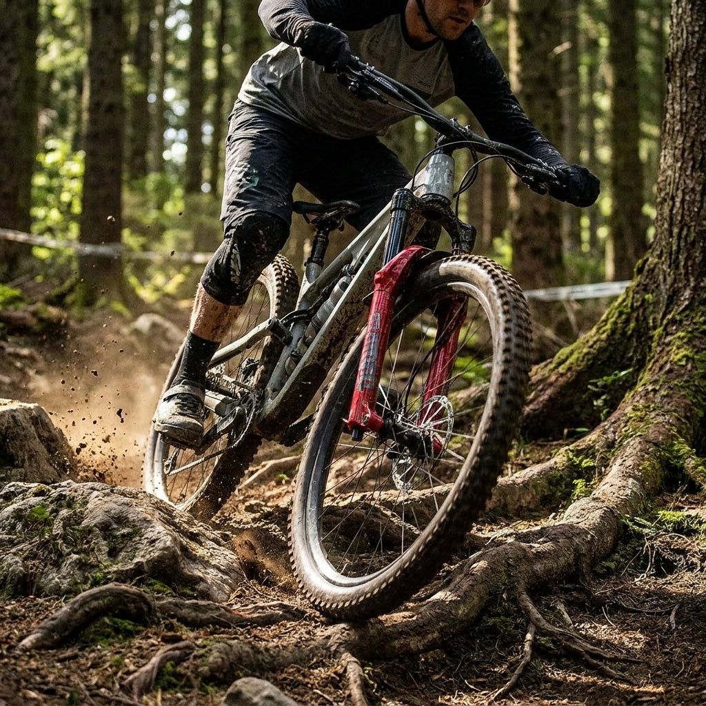 Mountainbiker im Wald mit RockShox Pike/Revelation Federgabel und DebonAir Upgrade Kit in Aktion.