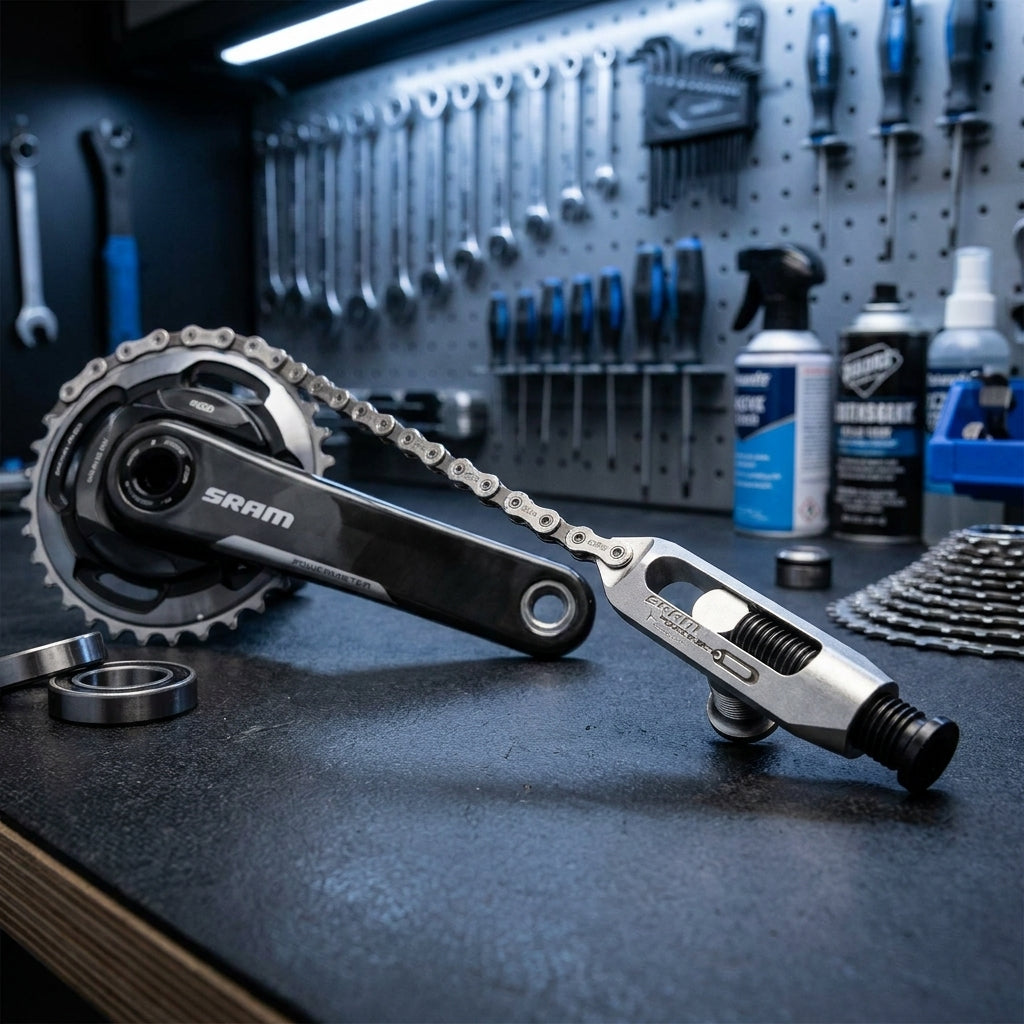 SRAM Präzisions-Werkzeug für T-Type RED/FORCE E1 PowerMeter Demontage, mit Kette auf Werkbank im Fahrrad-Workshop.