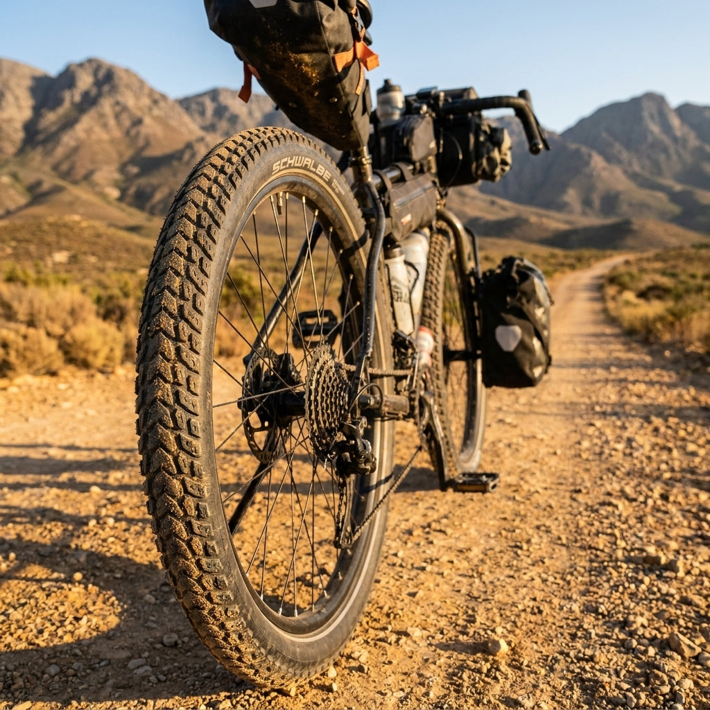 Schwalbe Faltreifen Marathon Mondial am bepackten Reiserad auf Schotterpiste in den Bergen.