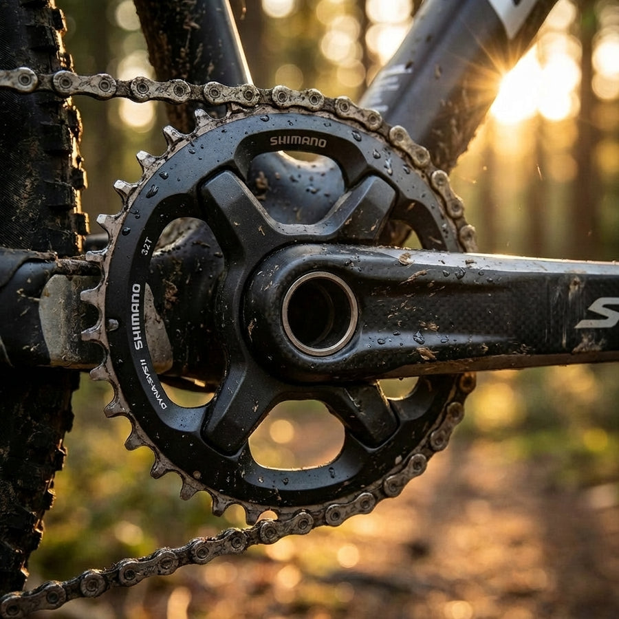 SHIMANO SLX Kettenblatt FC-M7000-11 am Mountainbike, schmutzig und bereit für den Trail im Wald.