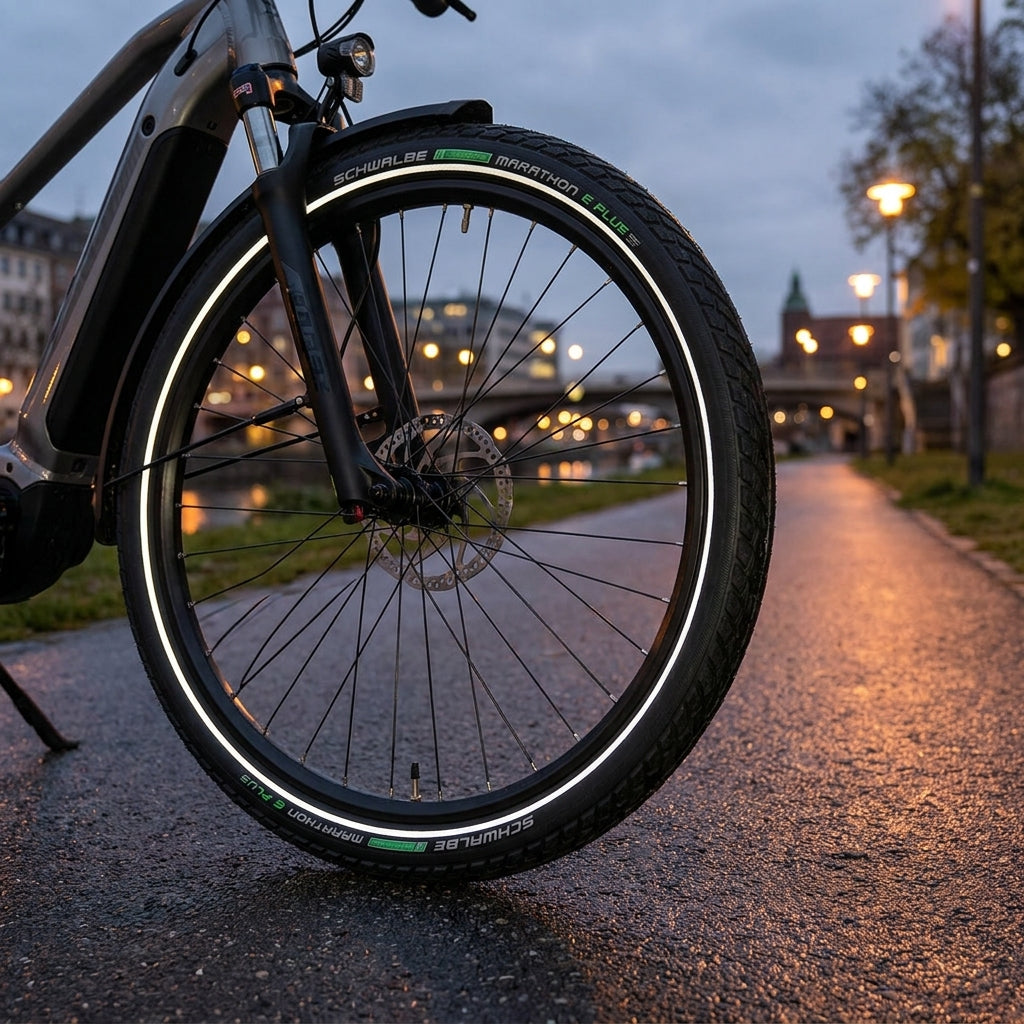 Schwalbe Marathon E-Plus Reifen schwarz Reflex am E-Bike auf nassem Weg im Abendlicht.