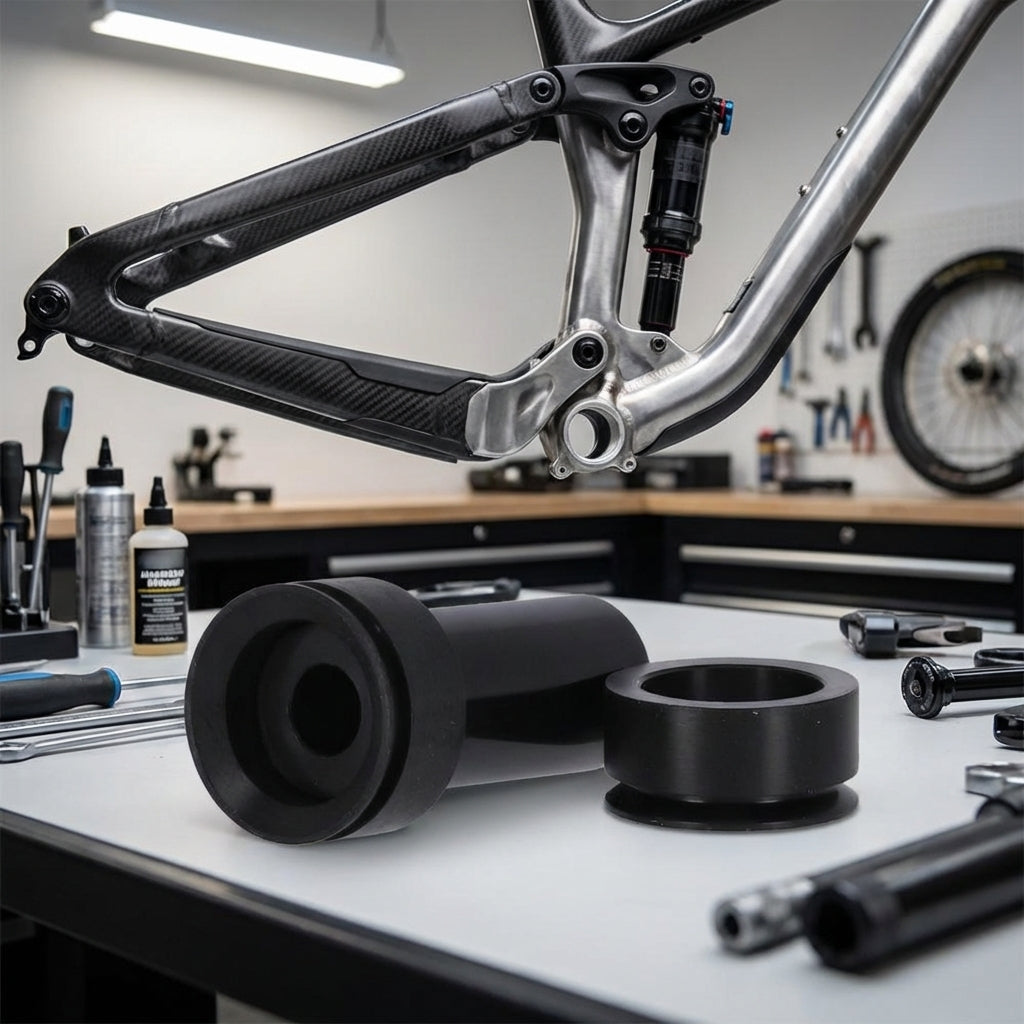 RockShox Dämpferaufnahme 3-teilig, Standard, für Hinterbaudämpfer auf Werkbank mit Mountainbike-Rahmen.