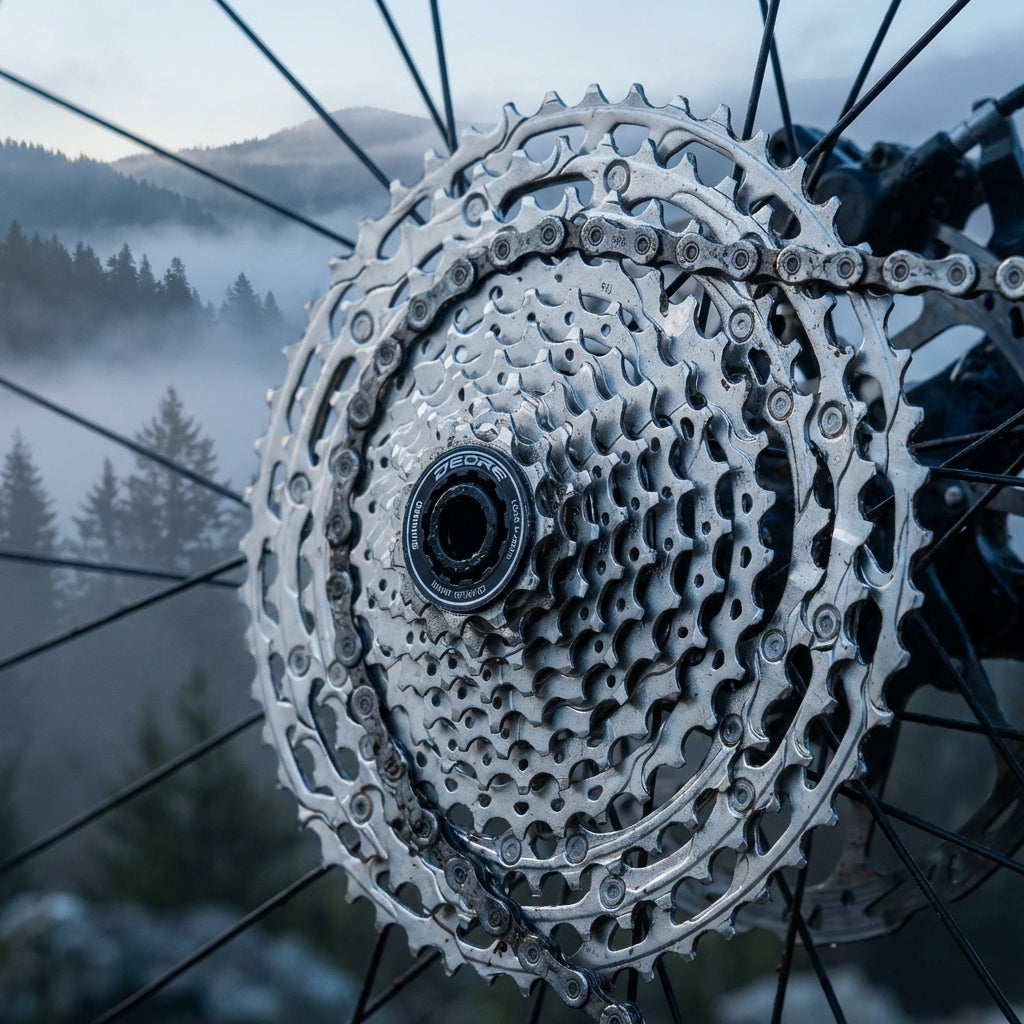 SHIMANO DEORE CS-M5100 11-fach 11-51 Kassette am Mountainbike-Hinterrad mit Kette, neblige Berge im Hintergrund.