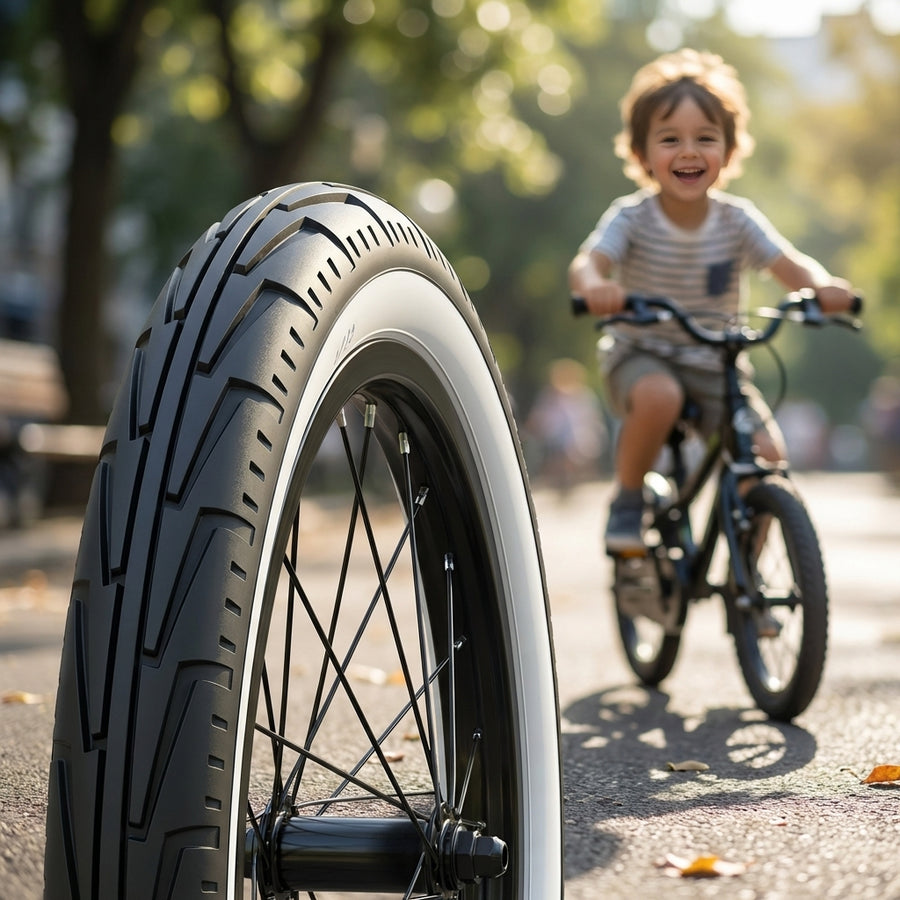 Michelin City J schwarz/weiß Drahtreifen. Nahaufnahme, lachendes Kind auf Fahrrad im Hintergrund.