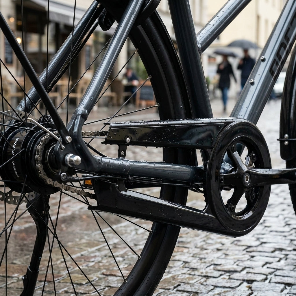 Schwarzer Horn Kettenschutz SK 24 für Nabenschaltung am Fahrrad mit Regentropfen.