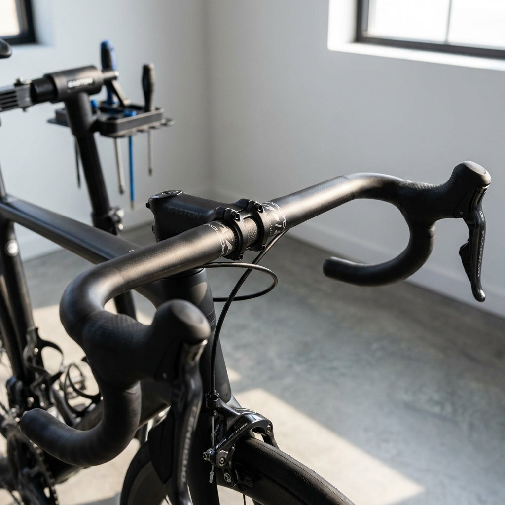 Easton EC70 SL Di2 Carbon Rennradlenker 31,8x42cm auf schwarzem Rennrad; leichter Performance-Dropbar.