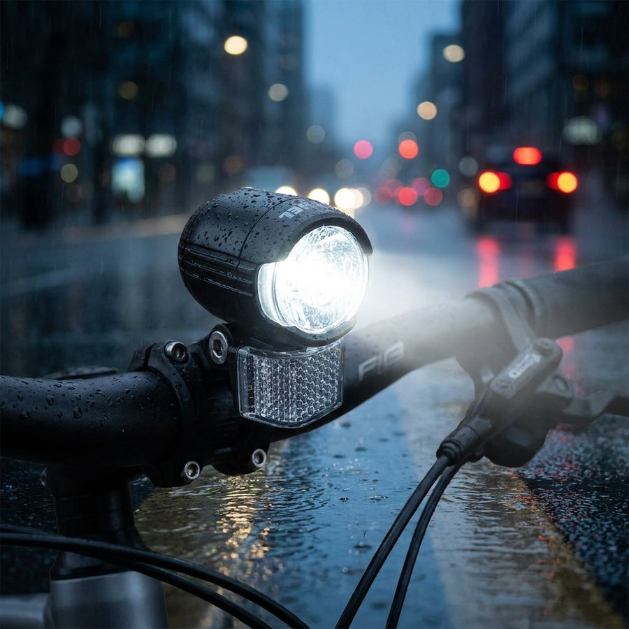 Büchel Shiny 40 Dynamobeleuchtung 40 Lux vorn am Fahrradlenker, leuchtet hell im Regen auf nasser Straße.