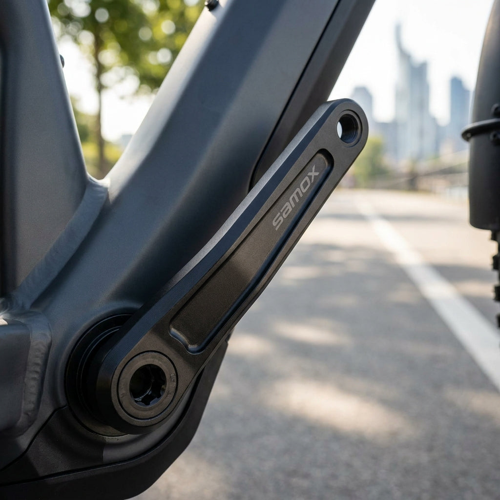 Messingschlager Samox E-Bike Kurbel, schwarz Aluminium, 165mm, 5mm Offset, für Bosch und Brose Motoren, ISIS-Innenlager.