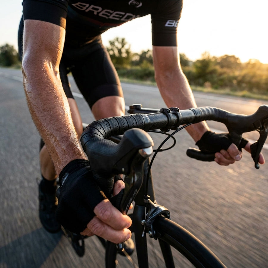 Radfahrer mit schwarzem BBB SpeedRibbon Lenkerband am Rennrad, das für komfortablen Grip bei sportlicher Fahrt sorgt.
