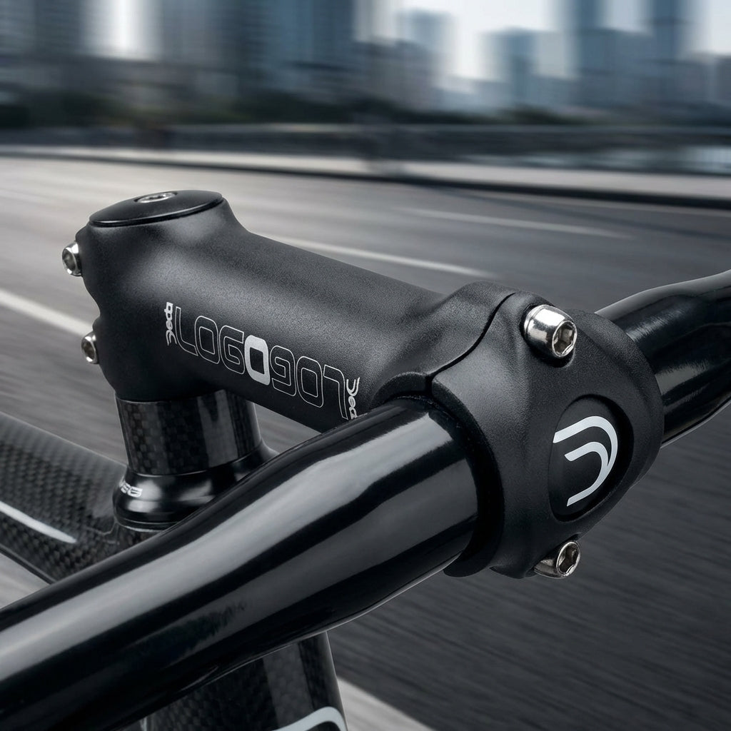 Deda Vorbau Logo Ø 26,0 mm 60 mm black-matte auf Carbon-Fahrradlenker, dynamische Stadtfahrt im Hintergrund.