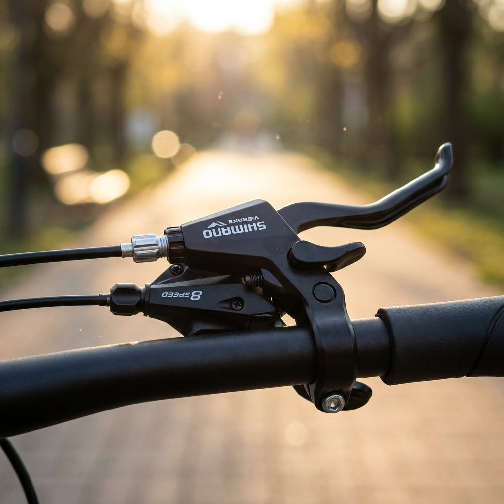 SHIMANO 8-fach Schalt-/Bremshebel ST-M310 schwarz am Fahrradlenker.