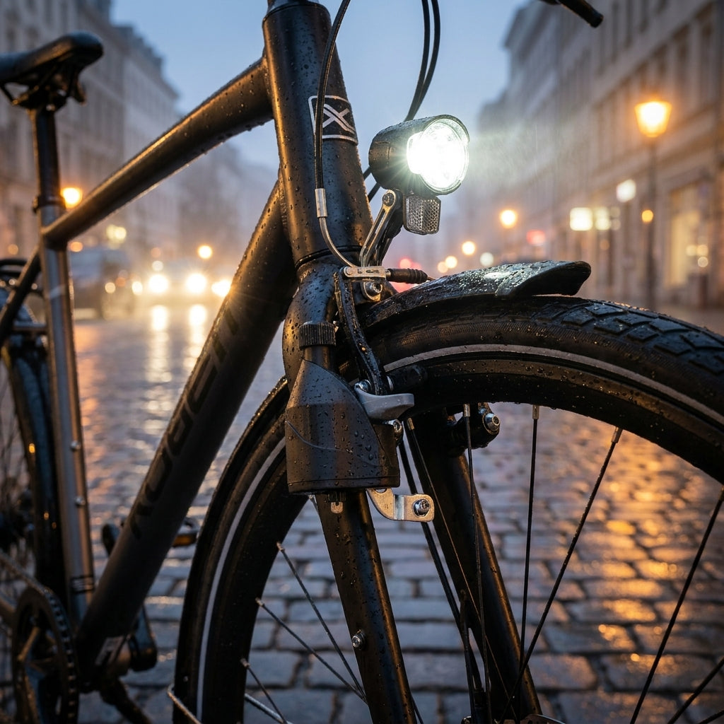 XLC Dynamo CL-D09 linksmontage am schwarzen Fahrrad auf nassem Pflasterweg, Licht leuchtet hell.