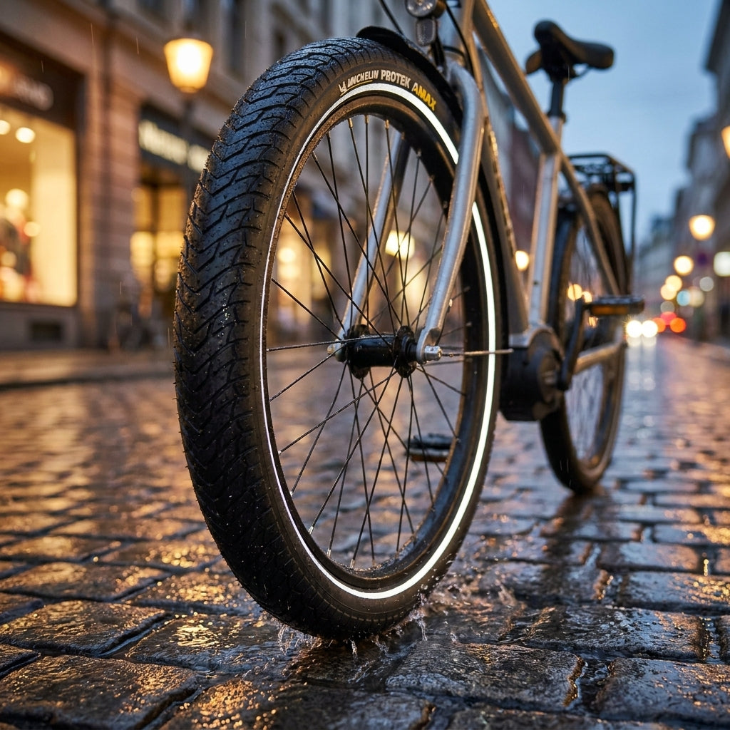 Michelin Protek Max E-Bike Reifen 24x1.85" schwarz Reflex auf nasser Kopfsteinpflasterstraße mit spritzendem Wasser.