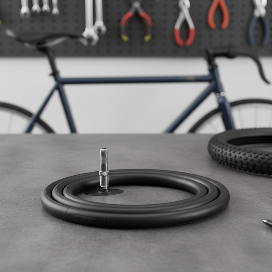 CST Fahrradschlauch 24x1.75-2.40" mit 40mm Autoventil auf Werkbank, bereit für MTB/Citybike.