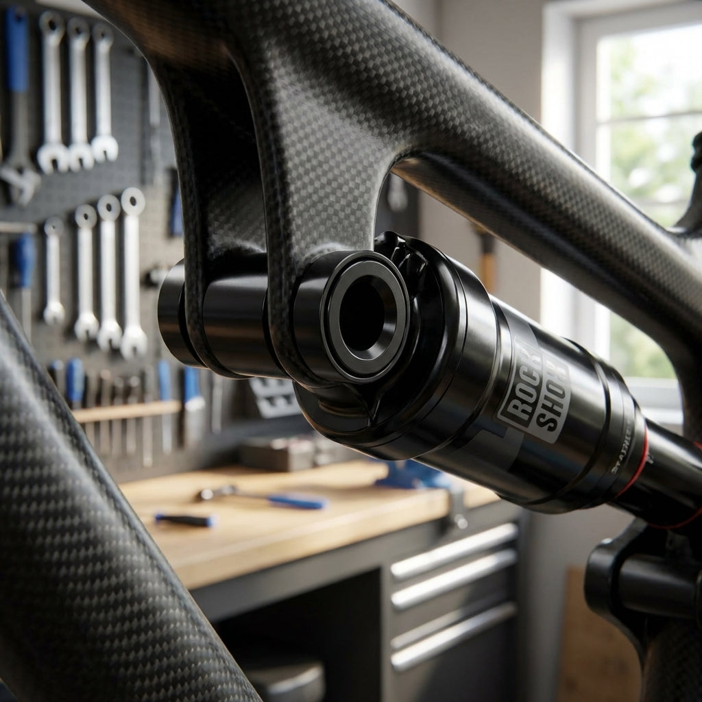 RockShox Dämpfer-Montage-Hardware 3-teilig 1/2" 6x36.0 am Carbon-Fahrradrahmen.
