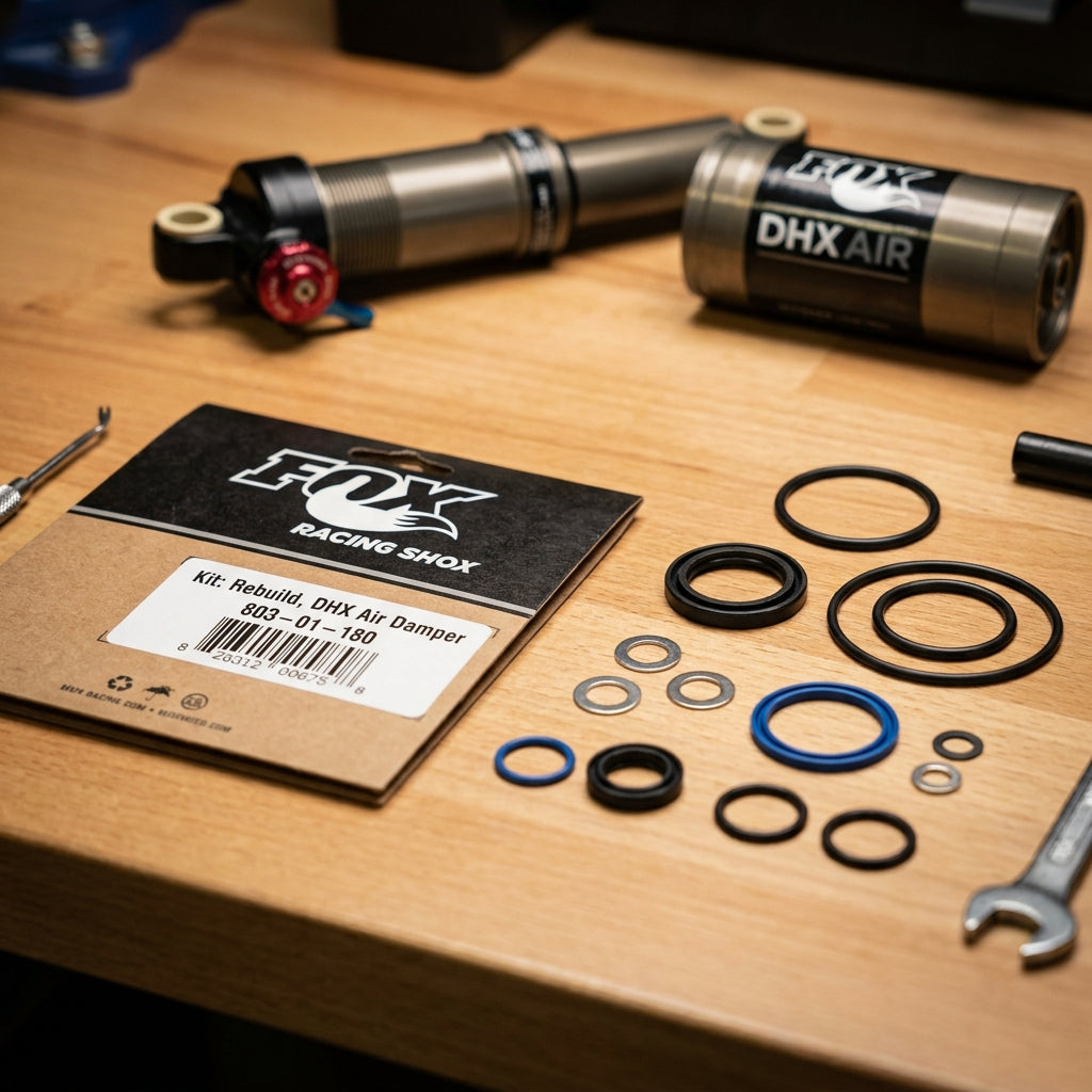 FOX DHX Air Dämpfer Rebuild Service Kit für Fahrrad Wartung. Präzise Dichtungen zur Wiederherstellung der Federungsperformance.