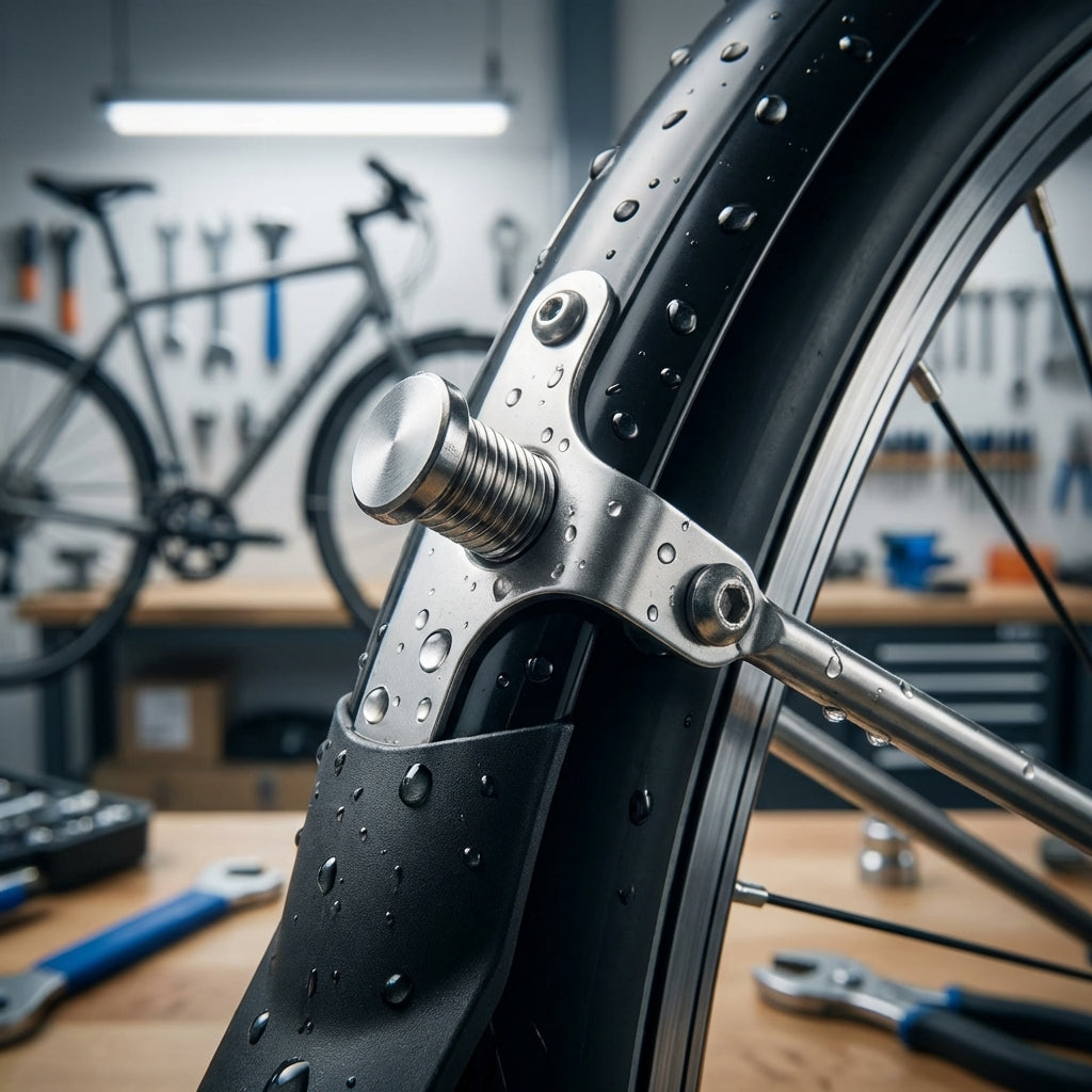 SKS MS-Bundbolzen aus Edelstahl zur Befestigung von Schutzblechstreben am Fahrrad, mit Wassertropfen.