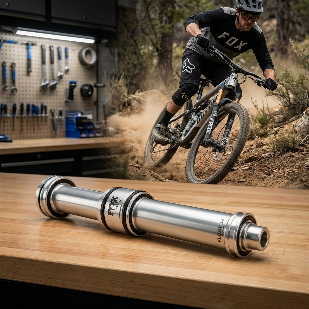 FOX FLOAT 34 100mm Luftschaft Service Set für präzise Federung, im Hintergrund Mountainbiker in Action.