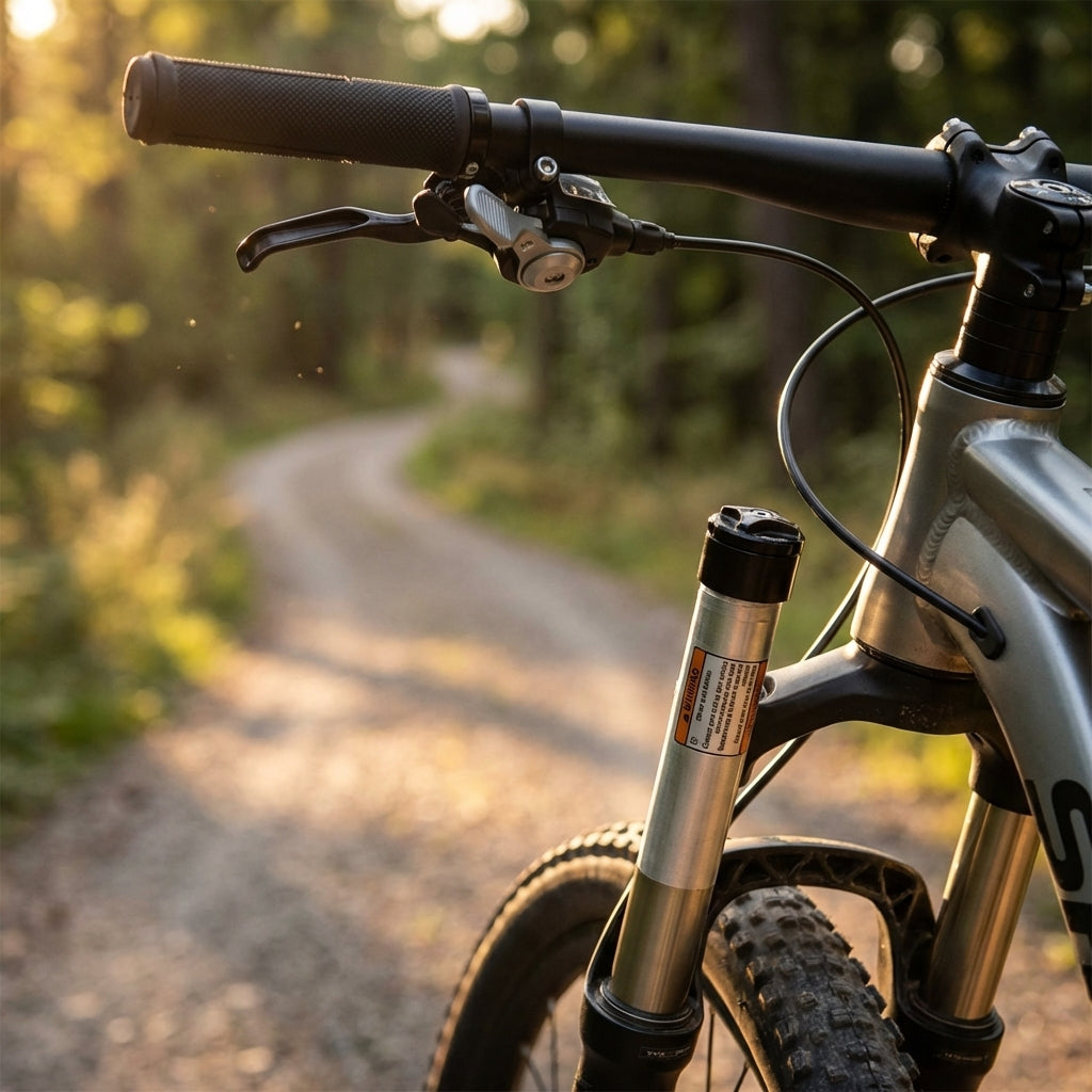 SR Suntour Lock-Out Kartusche SF22 NX1 RL 700C an Federgabel Mountainbike auf sonnigem Waldweg.