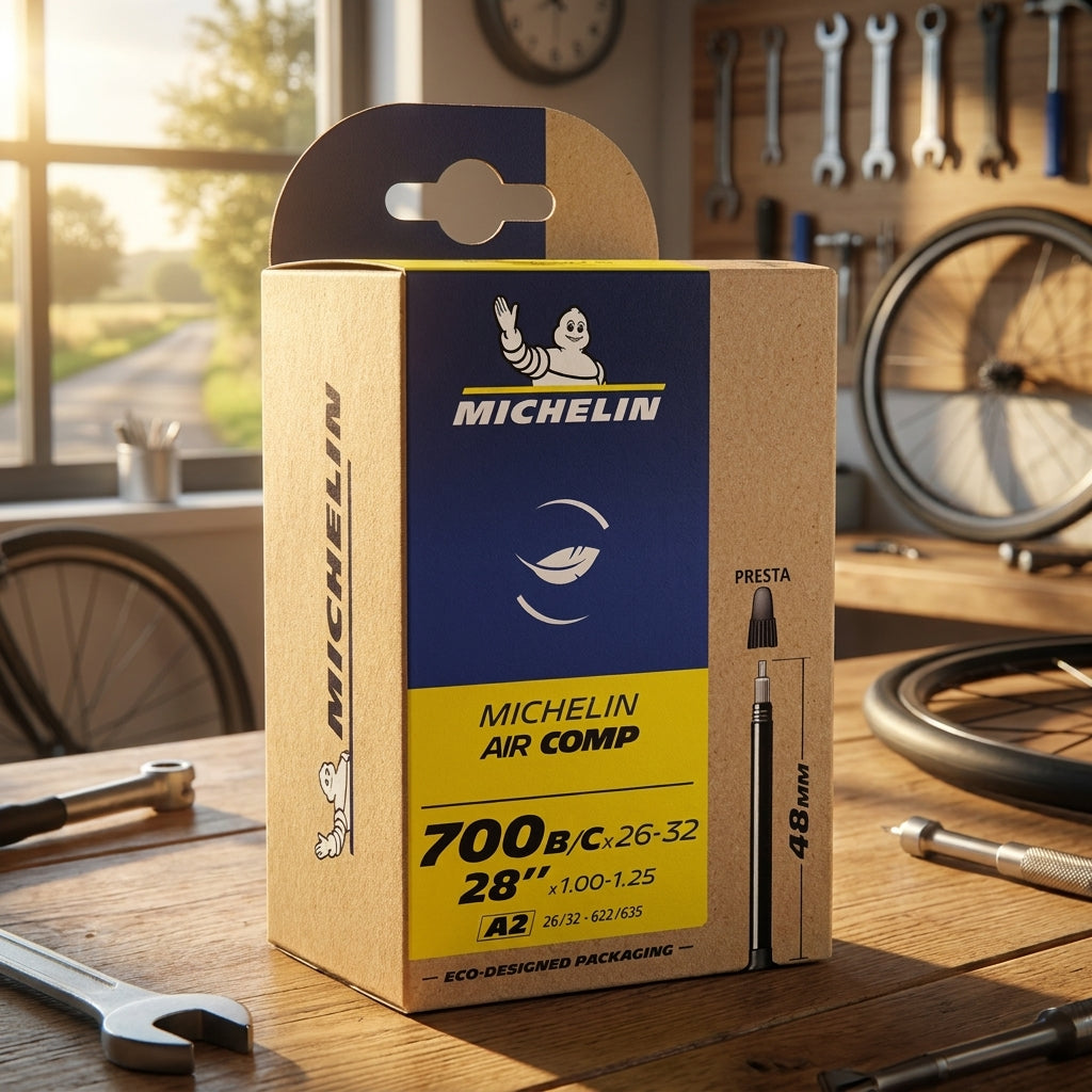 Michelin A2 Air Comp Rennradschlauch, 28 Zoll, leicht, mit schwarzem Presta-Ventil. Ideal für Geschwindigkeit und Performance.