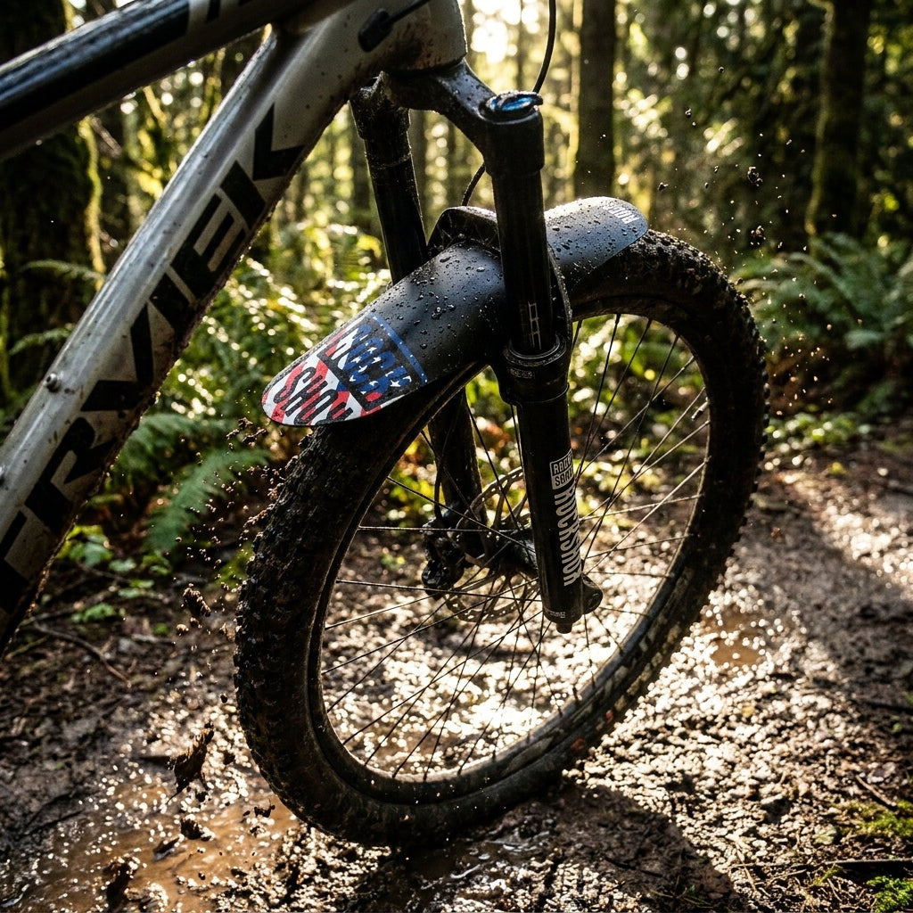 Rockshox Fender MTB universal vorne schwarz mit USA Flagge Print an einem Mountainbike im Schlamm.