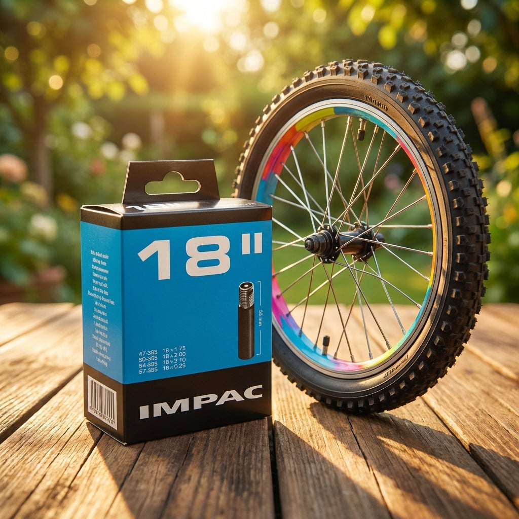 Impac Fahrradschlauch 18 Zoll 47/57-355 AV 35mm neben einem kleinen Fahrradreifen auf einem sonnigen Holztisch.