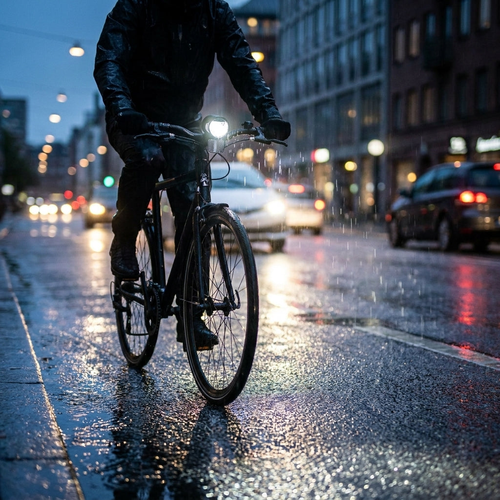 Herrmans LED-Scheinwerfer H-Black MR8 Dynamo am Fahrrad eines Fahrers im Regen, hell beleuchtet für Sicherheit.