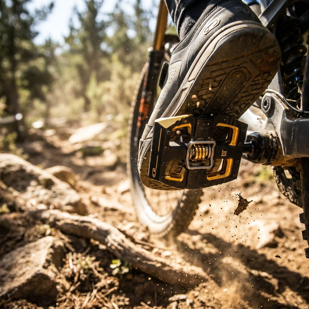 Crankbrothers Mallet DH 11 Klick-Pedal schwarz-gold am Mountainbike-Schuh auf staubigem Trail.
