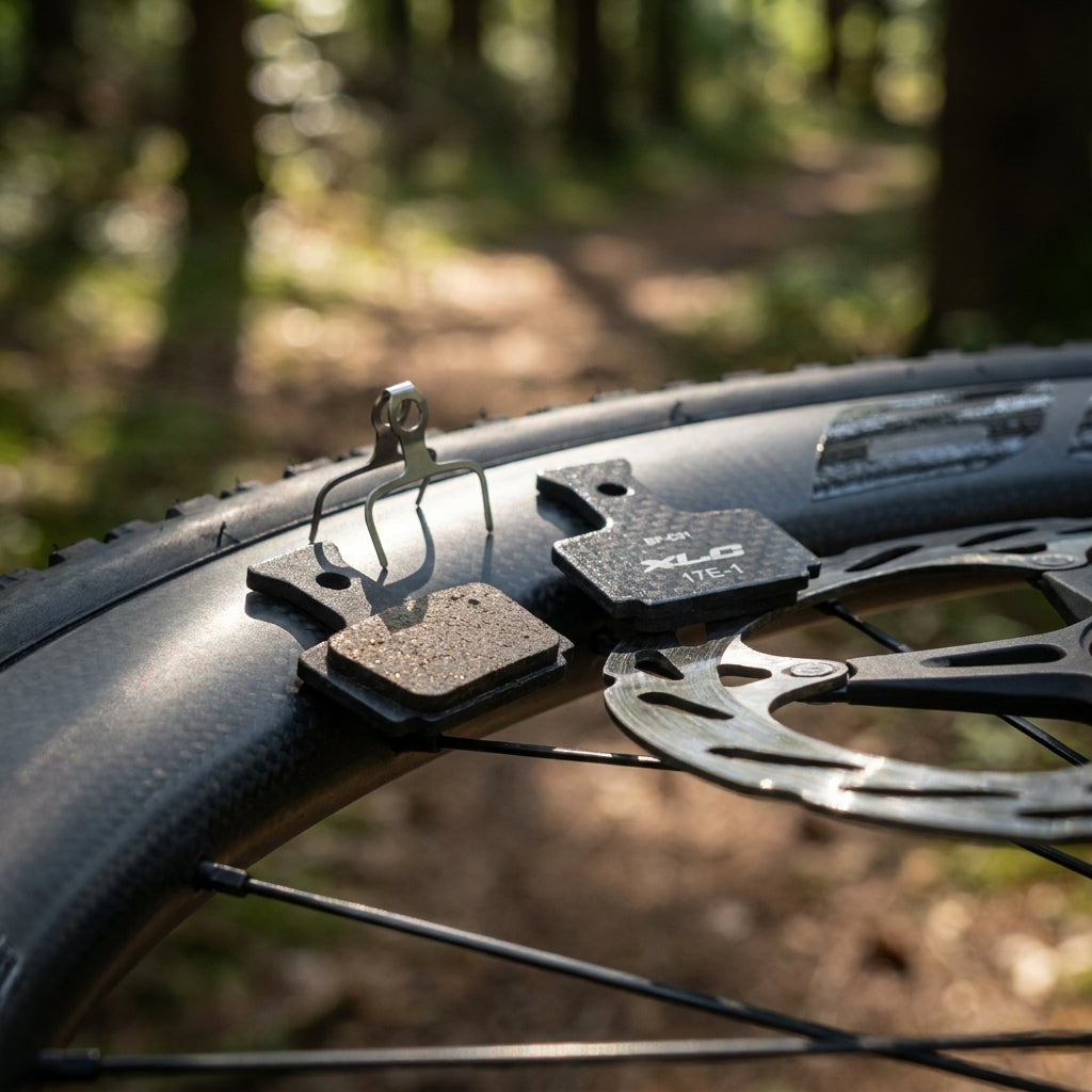 XLC Scheibenbremsbeläge Pro BP-C31 Formula organisch, neu und abgenutzt, auf Fahrradfelge mit Bremsscheibe.