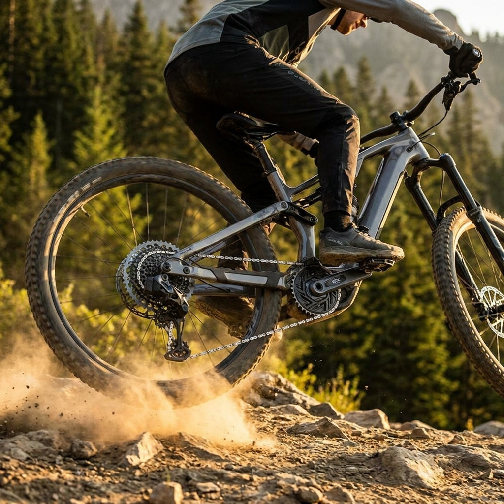 SRAM GX AXS Eagle Transmission 160mm Bosch E-MTB Schalt-Upgrade in Aktion, Mountainbiker auf staubigem Trail.