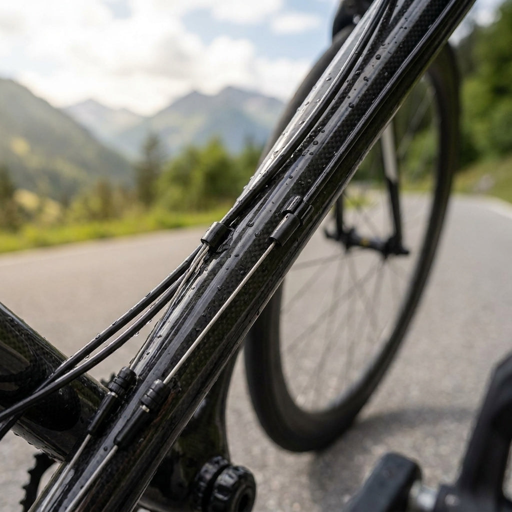 XLC Schaltzugkit SH-X04 mit Zubehör an nassem Carbon-Fahrrad auf Bergstraße.