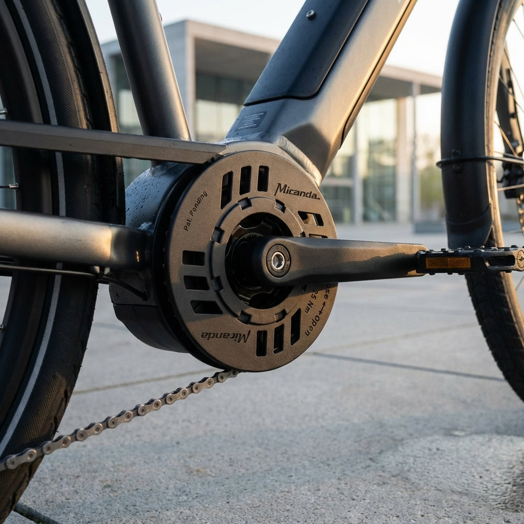 Schwarzer Miranda Kettenschutz (BDU2XX) auf E-Bike-Antrieb. Bietet sicheren Schutz für Kette und Motor.