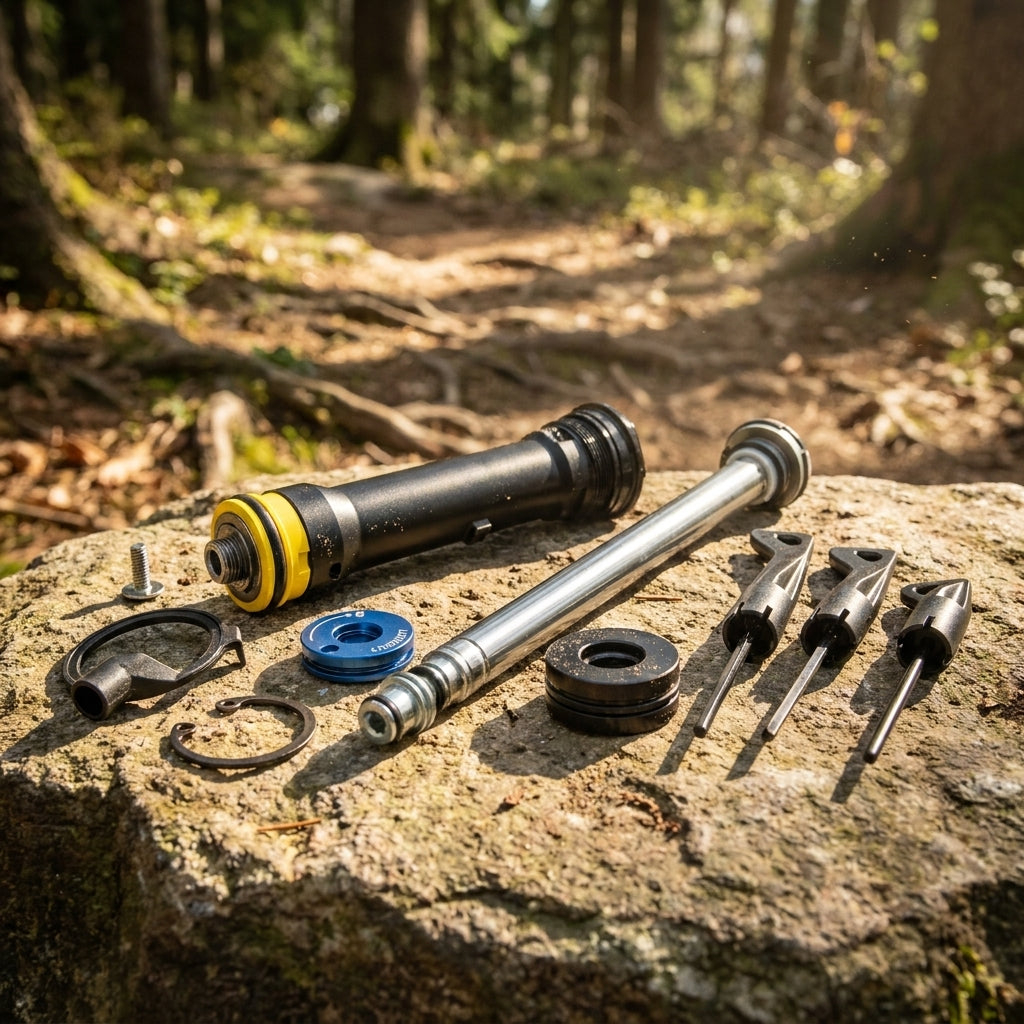 Dämpfer Turnkey 30 Gold Fahrrad-Federungskomponenten zerlegt auf einem Felsen im Wald liegend.