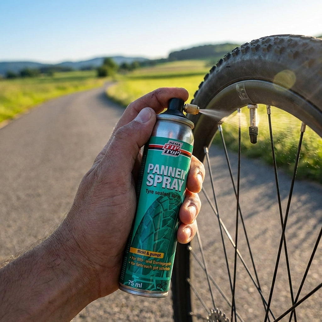 REMA TIP TOP Pannenspray 75ml: Schnelle Fahrrad-Pannenhilfe. Flickt & pumpt Reifen zugleich. Für alle Ventile. Ideal unterwegs.