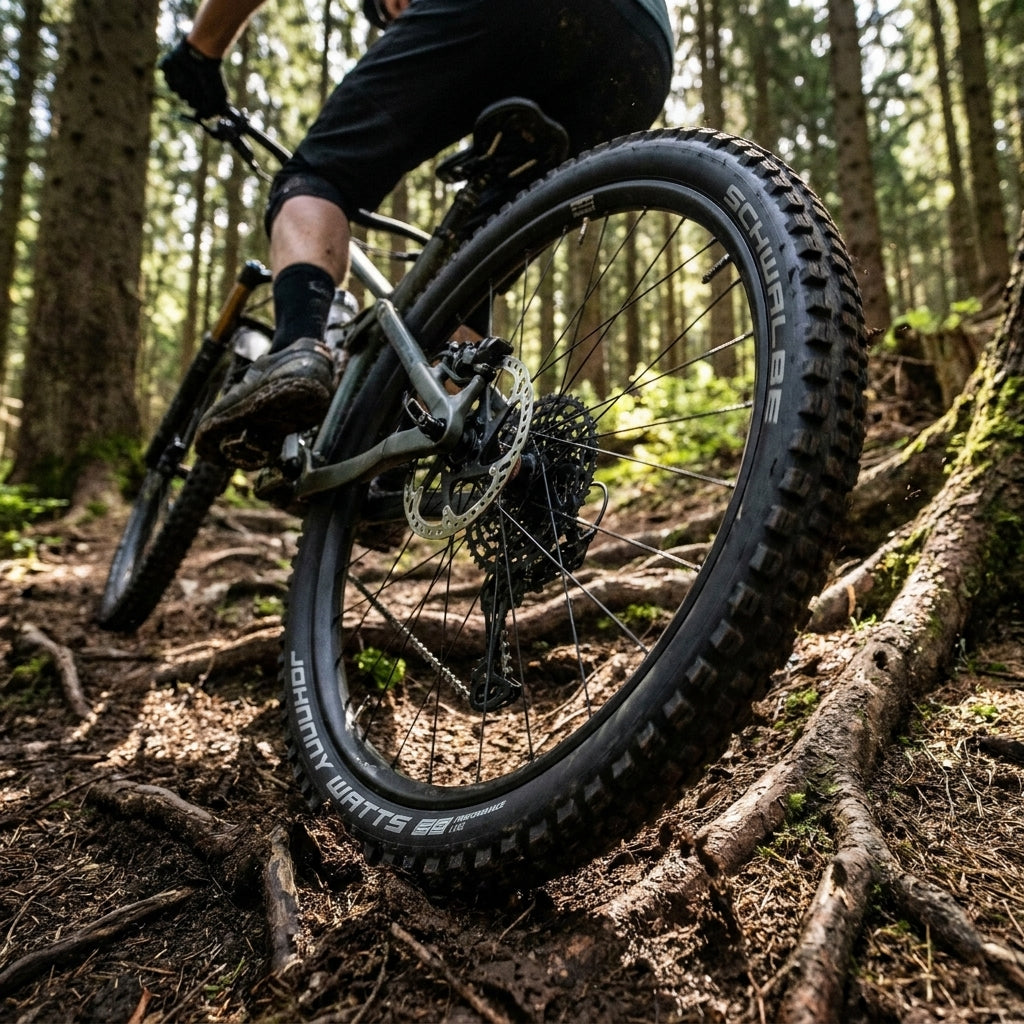 Schwalbe Johnny Watts Reifen am Mountainbike-Hinterrad auf wurzeligem Waldweg. Robuster E-Bike-Reifen.