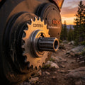 Connex E-Bike Antriebsritzel 17 Zähne für Bosch Performance Line Motor am E-MTB bei Sonnenuntergang.