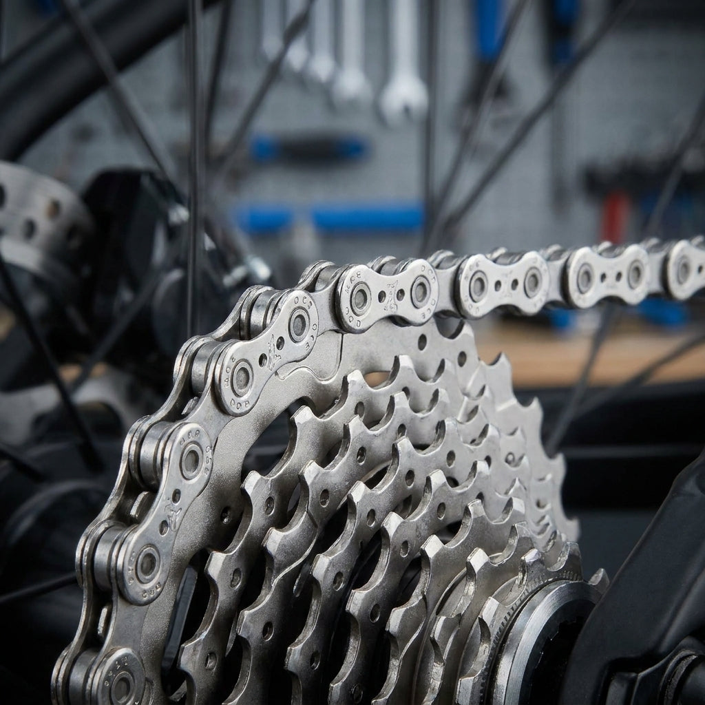 Nahaufnahme der robusten Miche 10-fach E-Bike Kette auf einem E-Bike Antrieb. Präzise, langlebig für optimale Performance.